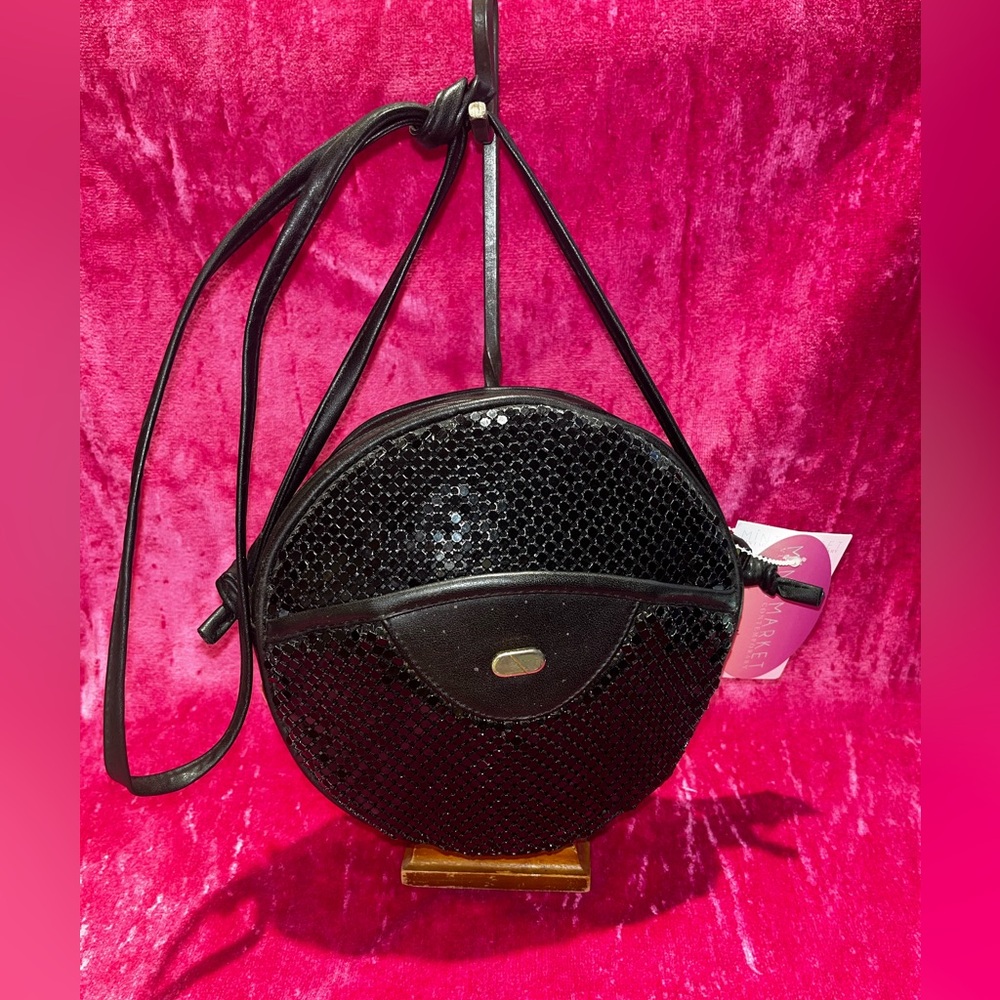 Vintage 80s metallic mesh leather Shoulder circle disco Bag